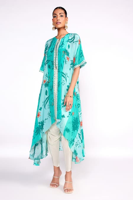 Isha Gupta Tayal Green Crepe Printed Floral Round Tunic Pant Set 