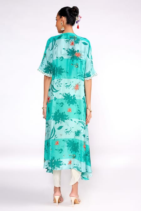 Shop_ISHA GUPTA TAYAL_Green Crepe, Silk Sequins, Cut Work Round Neck Floral Print Tunic Pant Set _at_Aza_Fashions