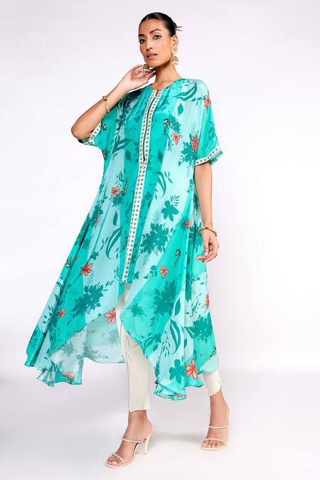 ISHA GUPTA TAYAL_Green Crepe, Silk Sequins, Cut Work Round Neck Floral Print Tunic Pant Set _Online_at_Aza_Fashions