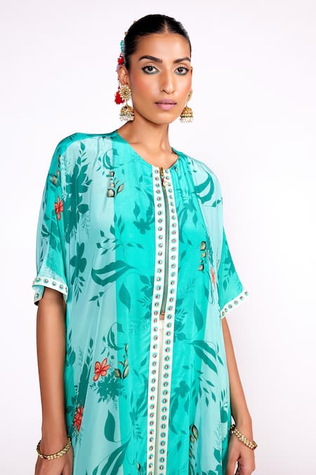 Buy_ISHA GUPTA TAYAL_Green Crepe, Silk Sequins, Cut Work Round Neck Floral Print Tunic Pant Set _Online_at_Aza_Fashions