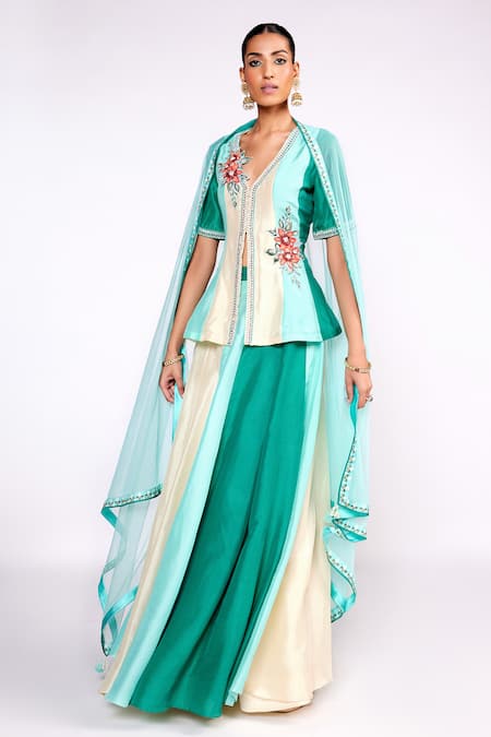 ISHA GUPTA TAYAL_Green Silk, Crepe, Net Cut Work, Sequins Color Blocked Peplum Top Skirt Set _Online_at_Aza_Fashions