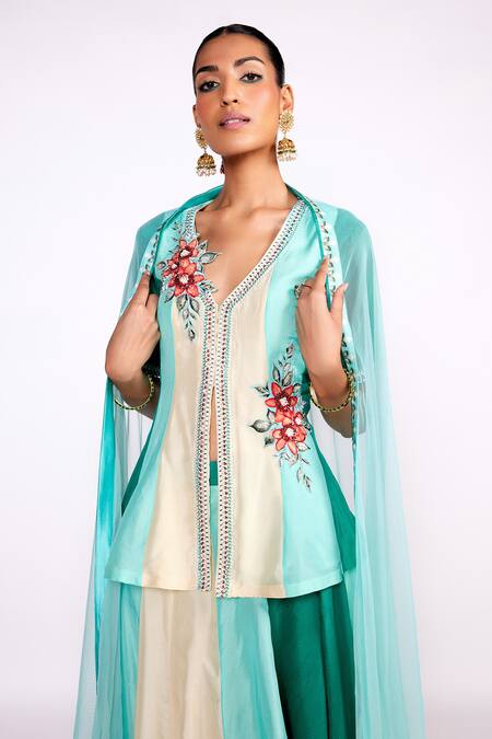 Buy_ISHA GUPTA TAYAL_Green Silk, Crepe, Net Cut Work, Sequins Color Blocked Peplum Top Skirt Set _Online_at_Aza_Fashions