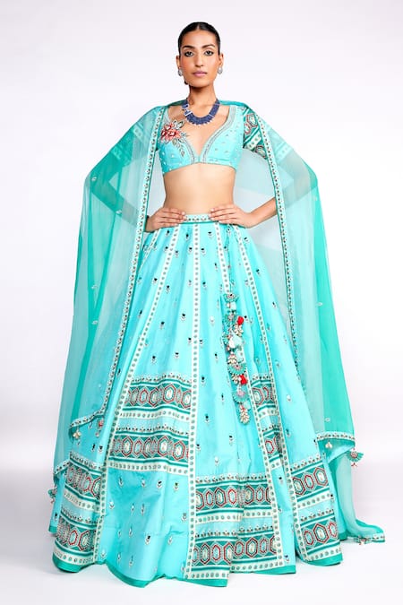 Buy_ISHA GUPTA TAYAL_Green Silk, Organza, Crepe Sequins, Cut Embroidered Blouse And Kalidar Lehenga Set _Online_at_Aza_Fashions