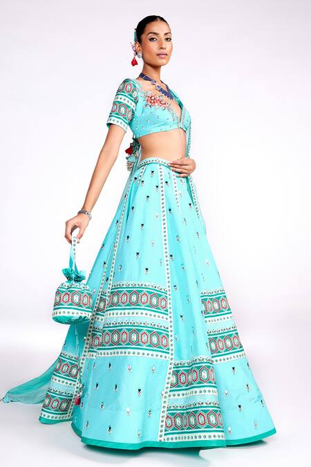 Shop_ISHA GUPTA TAYAL_Green Silk, Organza, Crepe Sequins, Cut Embroidered Blouse And Kalidar Lehenga Set _Online_at_Aza_Fashions