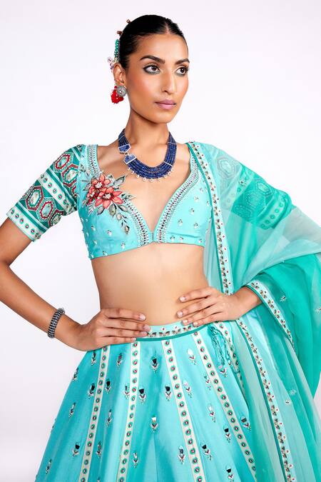 ISHA GUPTA TAYAL_Green Silk, Organza, Crepe Sequins, Cut Embroidered Blouse And Kalidar Lehenga Set _at_Aza_Fashions