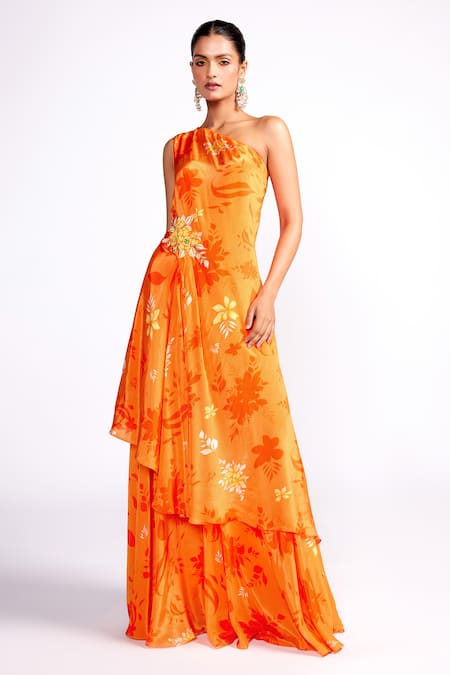 Shop ISHA GUPTA TAYAL Orange Crepe Sequins, Embroidery Asymmetric Floral Print Tunic And Sharara Set Online at Aza Fashions Shop_ISHA GUPTA TAYAL_Orange Crepe Sequins, Embroidery Asymmetric Floral Print Tunic And Sharara Set _Online_at_Aza_Fashions