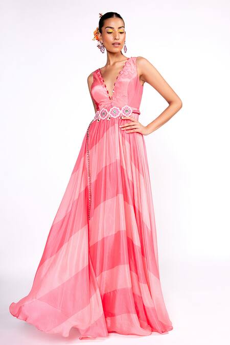 Shop ISHA GUPTA TAYAL Pink Chiffon, Satin Cut Work, Striped Print Anarkali With Scarf Dupatta Online at Aza Fashions Shop_ISHA GUPTA TAYAL_Pink Chiffon, Satin Cut Work, Striped Print Anarkali With Scarf Dupatta _Online_at_Aza_Fashions