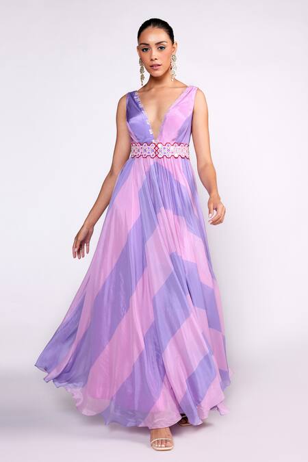 Shop_ISHA GUPTA TAYAL_Purple Chiffon, Satin Cut Work, Embroidery, Striped Print Anarkali With Dupatta _Online_at_Aza_Fashions