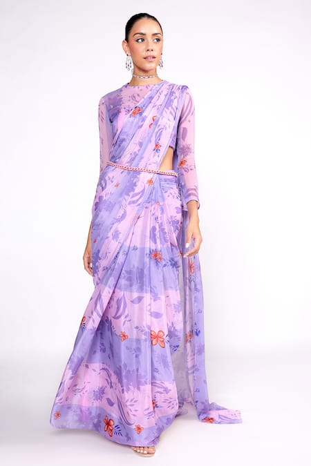 ISHA GUPTA TAYAL Purple Chiffon, Georgette, Printed Pre-draped Saree With Embroidered Blouse at Aza Fashions ISHA GUPTA TAYAL_Purple Chiffon, Georgette, Printed Pre-draped Saree With Embroidered Blouse _at_Aza_Fashions