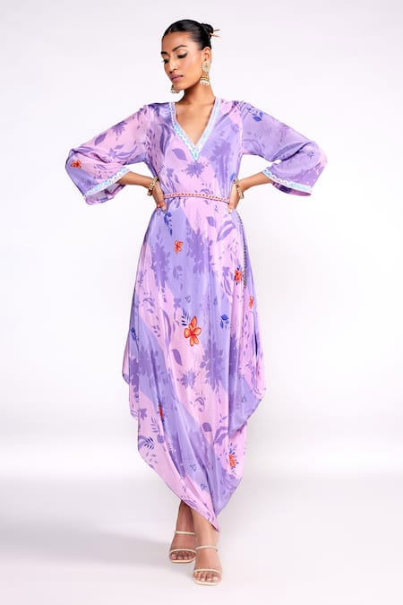 Isha Gupta Tayal Purple Lining  Crepe Printed Floral Deep V Neck Asymmetric Dress 