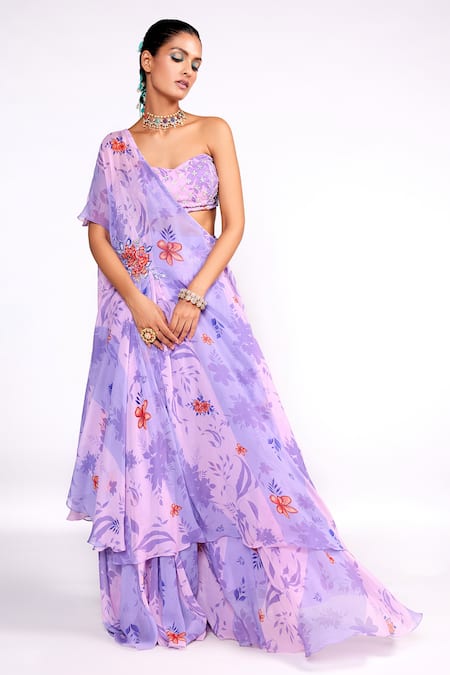 Buy_ISHA GUPTA TAYAL_Purple Georgette, Crepe Embroidery, Cut Work, Floral Print Tunic Sharara Set _Online_at_Aza_Fashions