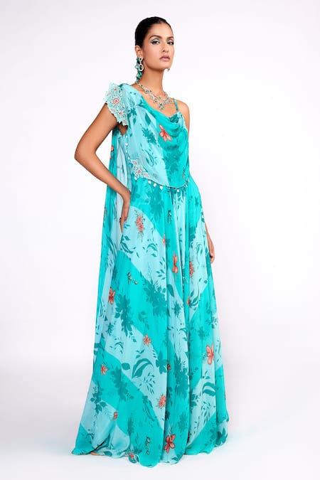 Isha Gupta Tayal Green Georgette Printed Floral Round Draped Jumpsuit 