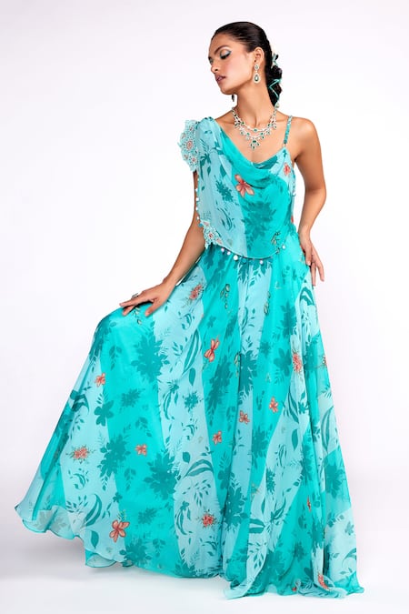 Buy_ISHA GUPTA TAYAL_Green Georgette, Satin Sequins Round Neck Floral Print Draped Jumpsuit _Online_at_Aza_Fashions