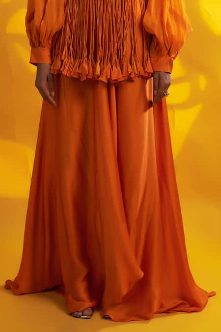 Jyoti Sachdev Iyer_Orange Cotton Flared Asymmetric Trouser _Online_at_Aza_Fashions