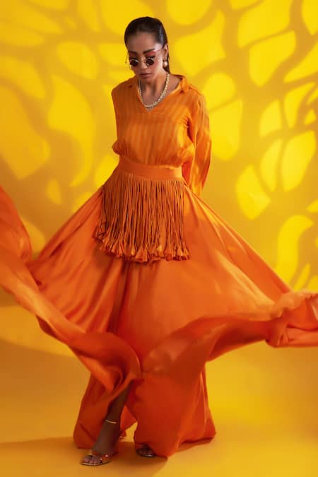 Buy_Jyoti Sachdev Iyer_Orange Cotton Flared Asymmetric Trouser _Online_at_Aza_Fashions