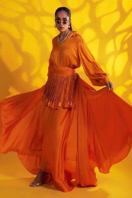 Shop_Jyoti Sachdev Iyer_Orange Cotton Flared Asymmetric Trouser _Online_at_Aza_Fashions