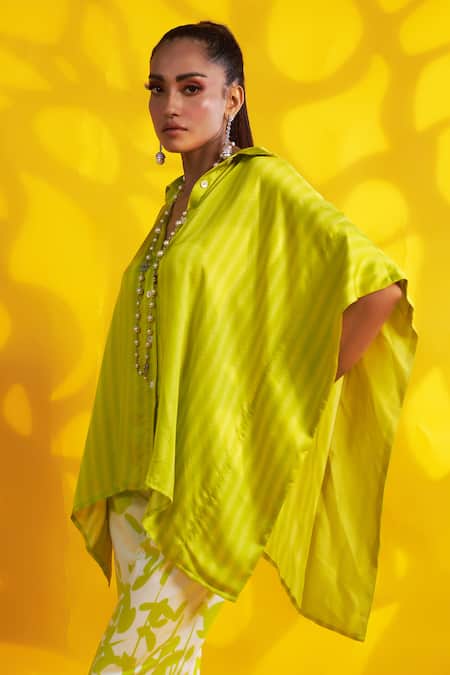 Jyoti Sachdev Iyer_Green Collared Asymmetric Open Cape Top _Online_at_Aza_Fashions