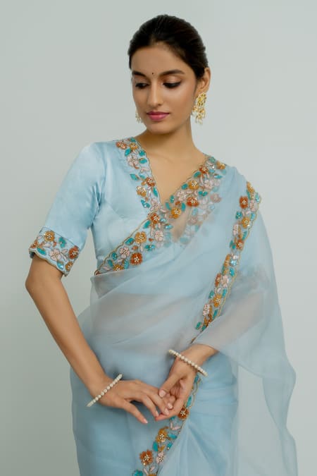 Peeli Dori Blue Silk Organza Hand Embroidered Floral Deep V Lotus Border Saree With Blouse Online at Aza Fashions Peeli Dori_Blue Silk Organza Hand Embroidered Floral Deep V Lotus Border Saree With Blouse _Online_at_Aza_Fashions