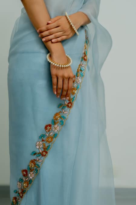 Buy Peeli Dori Blue Silk Organza Hand Embroidered Floral Deep V Lotus Border Saree With Blouse Online at Aza Fashions Buy_Peeli Dori_Blue Silk Organza Hand Embroidered Floral Deep V Lotus Border Saree With Blouse _Online_at_Aza_Fashions