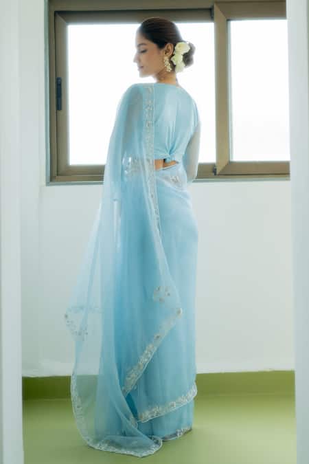 Shop Peeli Dori Blue Silk Organza Hand Embroidered Zardosi V Juliette Border Saree With Blouse at Aza Fashions Shop_Peeli Dori_Blue Silk Organza Hand Embroidered Zardosi V Juliette Border Saree With Blouse _at_Aza_Fashions