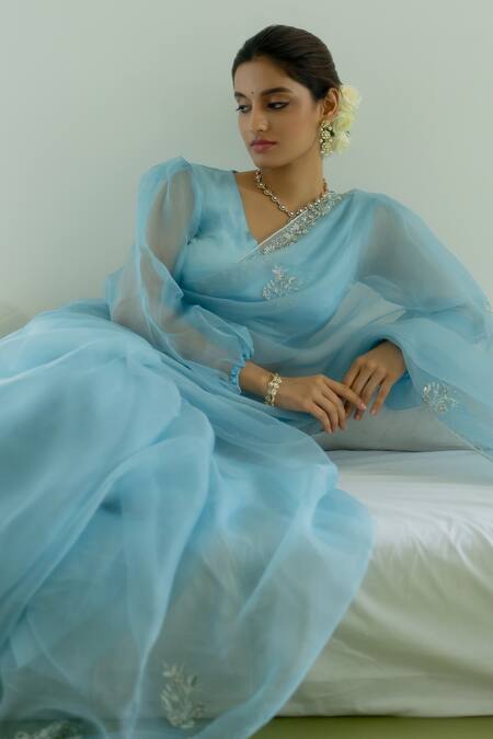 Buy Peeli Dori Blue Silk Organza Hand Embroidered Zardosi V Juliette Border Saree With Blouse Online at Aza Fashions Buy_Peeli Dori_Blue Silk Organza Hand Embroidered Zardosi V Juliette Border Saree With Blouse _Online_at_Aza_Fashions