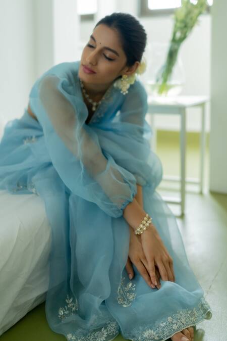 Shop Peeli Dori Blue Silk Organza Hand Embroidered Zardosi V Juliette Border Saree With Blouse Online at Aza Fashions Shop_Peeli Dori_Blue Silk Organza Hand Embroidered Zardosi V Juliette Border Saree With Blouse _Online_at_Aza_Fashions