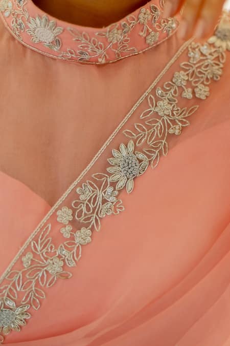 Shop_Peeli Dori_Pink Silk Organza Hand Embroidered Zardosi Ceiline Border Saree With Blouse _Online_at_Aza_Fashions
