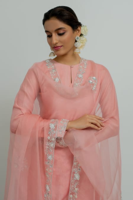 Shop Peeli Dori Pink Chanderi Silk Hand Embroidered Zardosi Ceiline Hemline Kurta Pant Set at Aza Fashions Shop_Peeli Dori_Pink Chanderi Silk Hand Embroidered Zardosi Ceiline Hemline Kurta Pant Set _at_Aza_Fashions