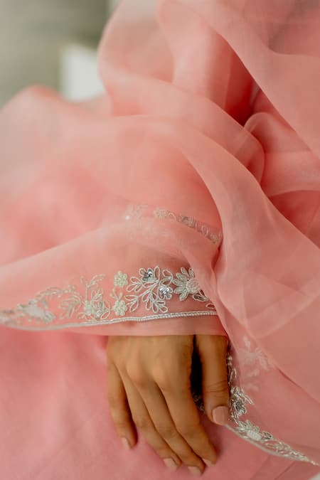 Shop Peeli Dori Pink Chanderi Silk Hand Embroidered Zardosi Ceiline Hemline Kurta Pant Set Online at Aza Fashions Shop_Peeli Dori_Pink Chanderi Silk Hand Embroidered Zardosi Ceiline Hemline Kurta Pant Set _Online_at_Aza_Fashions