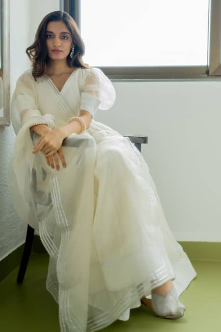 Shop_Peeli Dori_Ivory Anarkali  Mulmul Cotton Embroidered Gota V Neck Tilfi With Dupatta _Online_at_Aza_Fashions