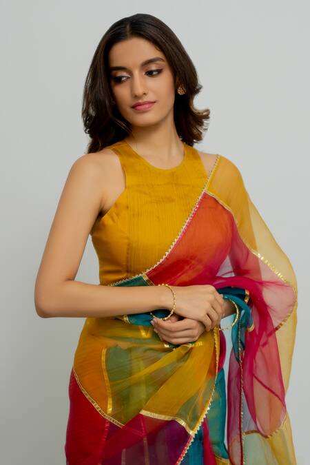 Peeli Dori_Multi Color Silk Organza Gota Patti Mutiyar Embroidered Saree With Blouse_Online_at_Aza_Fashions