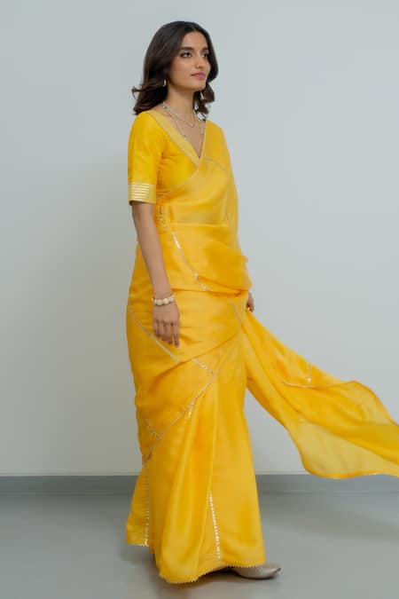 Shop Peeli Dori Yellow Saree Satin Silk Embroidered Gota Deep V Neck Madhubala With Blouse at Aza Fashions Shop_Peeli Dori_Yellow Saree Satin Silk Embroidered Gota Deep V Neck Madhubala With Blouse _at_Aza_Fashions