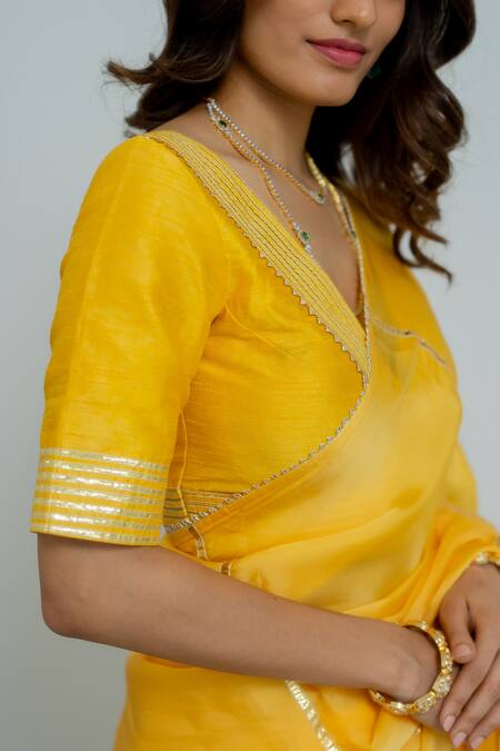 Peeli Dori Yellow Saree Satin Silk Embroidered Gota Deep V Neck Madhubala With Blouse Online at Aza Fashions Peeli Dori_Yellow Saree Satin Silk Embroidered Gota Deep V Neck Madhubala With Blouse _Online_at_Aza_Fashions