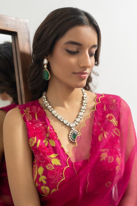 Peeli Dori Pink Silk Organza Embroidery, Sequins V-neck Roopa Rani Hand Saree With Blouse Online at Aza Fashions Peeli Dori_Pink Silk Organza Embroidery, Sequins V-neck Roopa Rani Hand Saree With Blouse _Online_at_Aza_Fashions