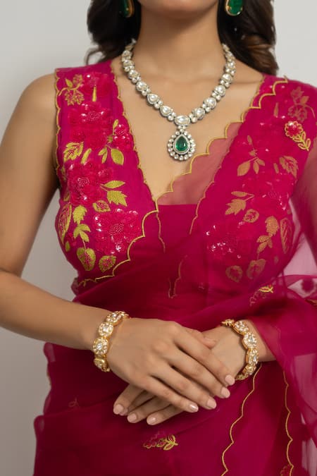 Peeli Dori Pink Silk Organza Embroidery, Sequins V-neck Roopa Rani Hand Saree With Blouse at Aza Fashions Peeli Dori_Pink Silk Organza Embroidery, Sequins V-neck Roopa Rani Hand Saree With Blouse _at_Aza_Fashions