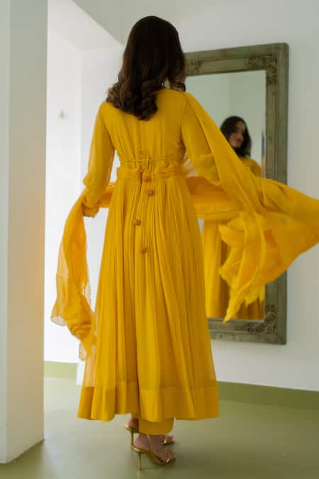 Peeli Dori Genda Yoke Embroidered Anarkali Pant Set