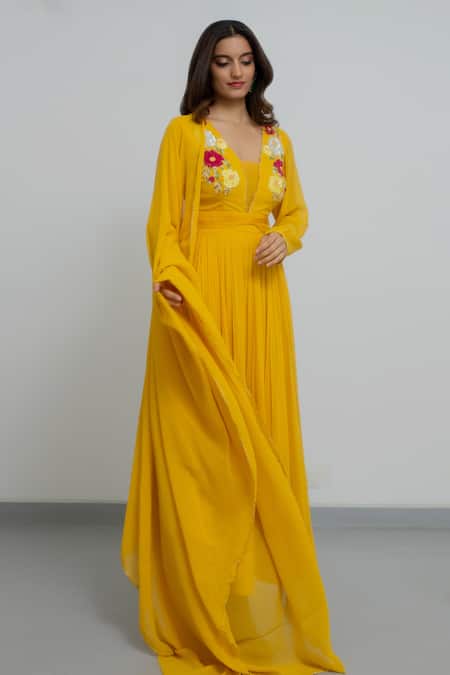 Peeli Dori Yellow Georgette Embroidery V-neck Genda Yoke Anarkali Pant Set Online at Aza Fashions Peeli Dori_Yellow Georgette Embroidery V-neck Genda Yoke Anarkali Pant Set _Online_at_Aza_Fashions