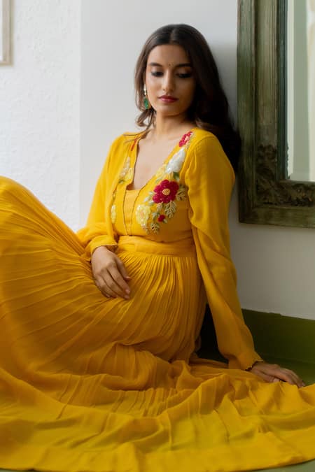 Buy Peeli Dori Yellow Georgette Embroidery V-neck Genda Yoke Anarkali Pant Set Online at Aza Fashions Buy_Peeli Dori_Yellow Georgette Embroidery V-neck Genda Yoke Anarkali Pant Set _Online_at_Aza_Fashions