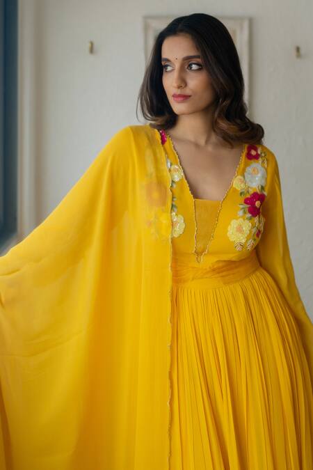 Shop Peeli Dori Yellow Georgette Embroidery V-neck Genda Yoke Anarkali Pant Set Online at Aza Fashions Shop_Peeli Dori_Yellow Georgette Embroidery V-neck Genda Yoke Anarkali Pant Set _Online_at_Aza_Fashions