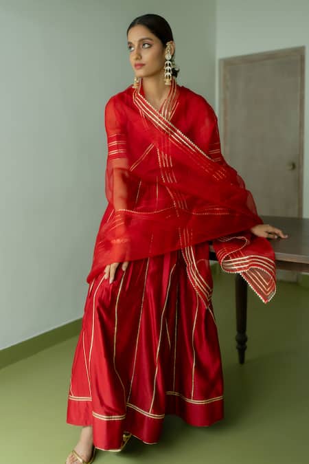 Shop Peeli Dori Red , Chanderi, Organza, Noor Embroidered Anarkali With Dupatta Online at Aza Fashions Shop_Peeli Dori_Red , Chanderi, Organza, Noor Embroidered Anarkali With Dupatta _Online_at_Aza_Fashions