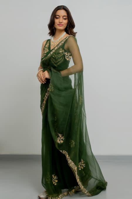 Buy_Peeli Dori_Green Organza, Embroidery V-neck Heeran Border Saree With Blouse _Online_at_Aza_Fashions