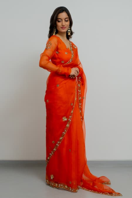 Peeli Dori_Orange Saree  Silk Organza Hand Embroidered Zardosi Rashi Border With Blouse _Online_at_Aza_Fashions