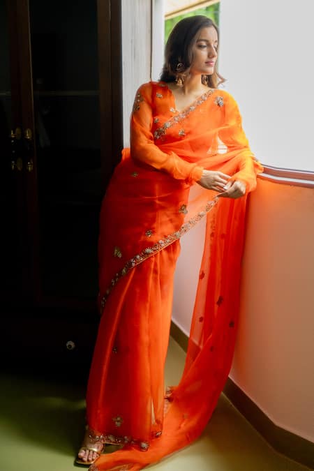 Buy_Peeli Dori_Orange Saree  Silk Organza Hand Embroidered Zardosi Rashi Border With Blouse _Online_at_Aza_Fashions