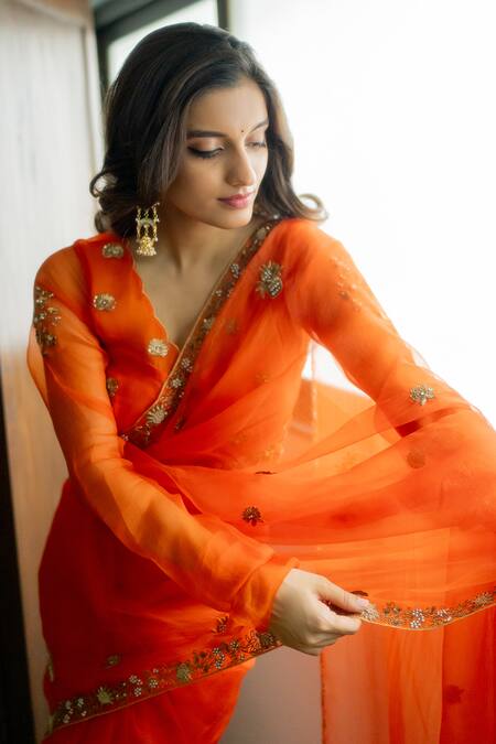 Shop_Peeli Dori_Orange Saree  Silk Organza Hand Embroidered Zardosi Rashi Border With Blouse _Online_at_Aza_Fashions