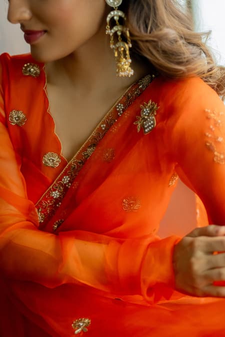 Peeli Dori_Orange Saree  Silk Organza Hand Embroidered Zardosi Rashi Border With Blouse _at_Aza_Fashions