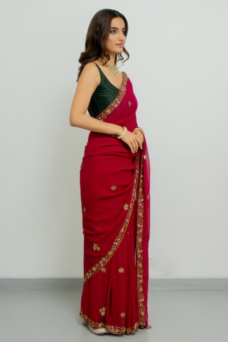 Peeli Dori Pink Saree Georgette Hand Embroidered Zardosi Round Meera Border With Blouse Online at Aza Fashions Peeli Dori_Pink Saree Georgette Hand Embroidered Zardosi Round Meera Border With Blouse _Online_at_Aza_Fashions