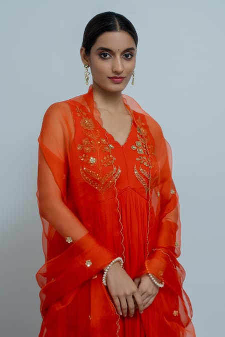 Peeli Dori_Orange Georgette, Silk Organza Embroidery Rashi Yoke Anarkali With Dupatta _Online_at_Aza_Fashions