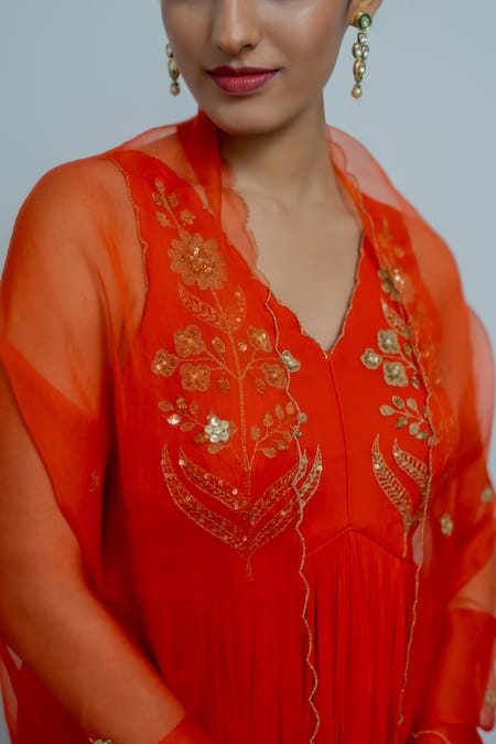Buy_Peeli Dori_Orange Georgette, Silk Organza Embroidery Rashi Yoke Anarkali With Dupatta _Online_at_Aza_Fashions