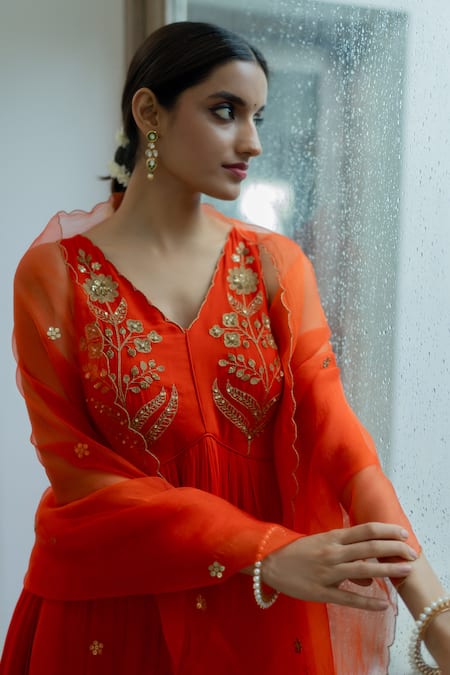 Shop_Peeli Dori_Orange Georgette, Silk Organza Embroidery Rashi Yoke Anarkali With Dupatta _Online_at_Aza_Fashions