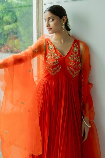 Peeli Dori_Orange Georgette, Silk Organza Embroidery Rashi Yoke Anarkali With Dupatta _at_Aza_Fashions